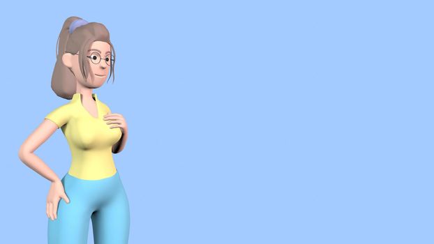 A girl with glasses and a blue shirt with a big bust holds her chest with one hand on the blue background 3d-rendering.