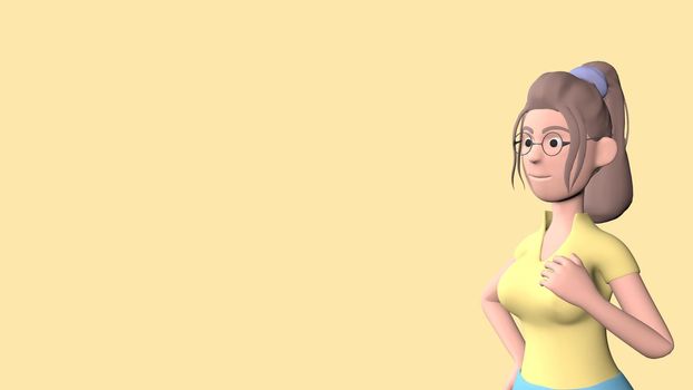 A girl with glasses and a blue shirt with a big bust holds her chest with one hand on the yellow background 3d-rendering.