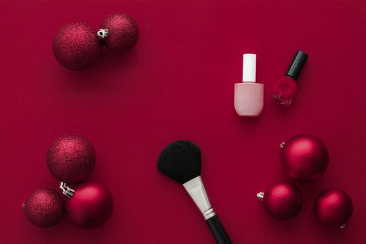 Cosmetic branding, fashion blog cover and girly glamour concept - Make-up and cosmetics product set for beauty brand Christmas sale promotion, luxury wine flatlay background as holiday design