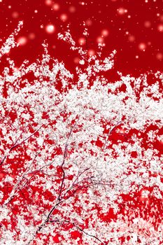 Branding, magic and festive concept - Christmas, New Years red floral background, holiday card design, flower tree and snow glitter as winter season sale promotion backdrop for luxury beauty brand