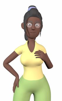 a black woman in a yellow shirt holds her breasts on a white background 3d-rendering.