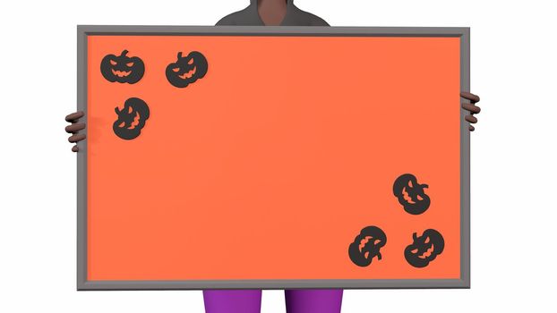 a black girl holds an orange colored writing board with pumpkin patterns in the corners for Halloween 3d-rendeirng.