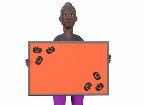 a black girl holds an orange colored writing board with pumpkin patterns in the corners for Halloween 3d-rendeirng.