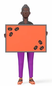 a black girl holds an orange colored writing board with pumpkin patterns in the corners for Halloween 3d-rendeirng.