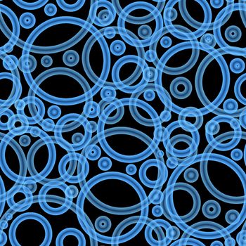 Geometric abstract seamless pattern of random arranged azure rings with dots texture on black background.Round shapes halftone point endless wallpaper.For textile,wrapping paper,fashion fabric print