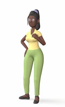 a black woman in a yellow shirt holds her breasts on a white background 3d-rendering.