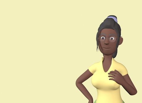 a black woman in a green shirt holds her breasts on a yellow background 3d-rendering.