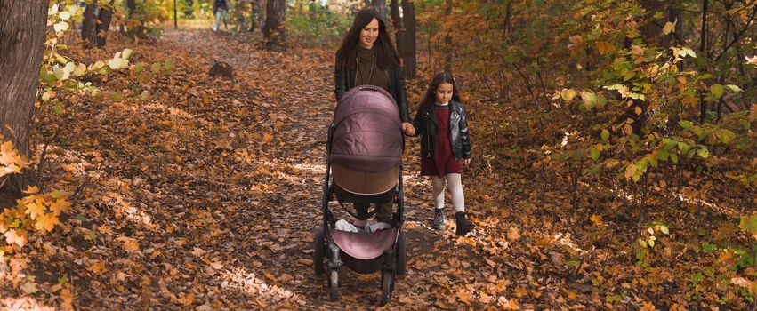 Mother and her little daughter and a baby in pram on walk in autumn wood.