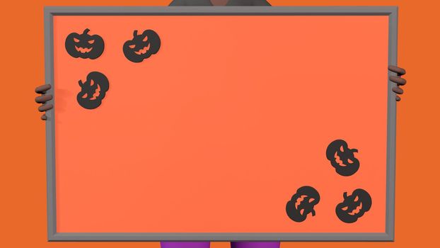 a black girl holds an orange colored writing board with pumpkin patterns in the corners for Halloween on the orange background 3d-rendeirng.