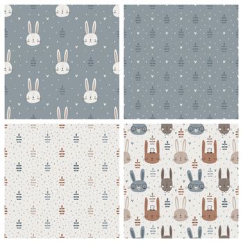 Seamless pattern with cute rabbits, leaves and hearts. Stylized print on fabric with plants and rabbits. Pastel palette. Vector seamless background.
