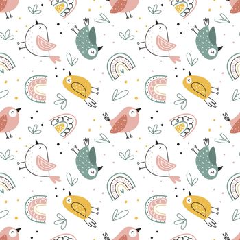 Childish seamless pattern with cute birds and rainbows on a white background. Childish seamless background in the Scandinavian style for fabric, packaging, textile, wallpaper, clothing. Vector illustration