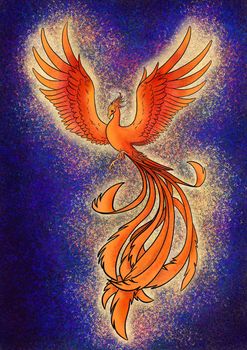bright burning phoenix in color on a dark background art