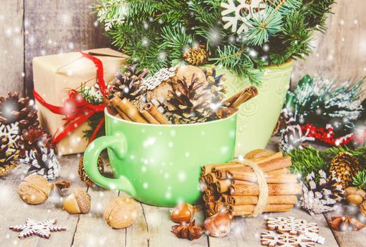 Wooden background with gifts. Selective focus. Decor.