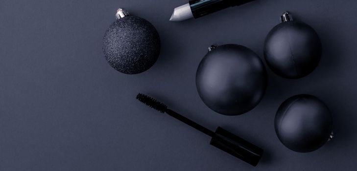 Cosmetic branding, fashion blog cover and girly glamour concept - Make-up and cosmetics product set for beauty brand Christmas sale promotion, luxury black flatlay background as holiday design