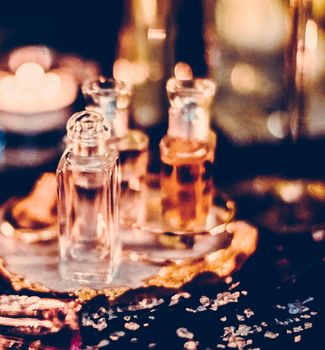 Perfumery, cosmetic branding and spa concept - Perfume bottles and vintage fragrance at night, aroma scent, fragrant cosmetics and eau de toilette as luxury beauty brand, holiday fashion parfum design