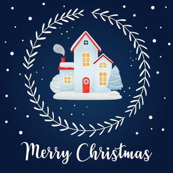 Merry Christmas. Christmas card with winter houses, a decorative wreath and an inscription on a dark blue background. Flat cartoon style. Vector illustration.