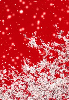 Branding, magic and festive concept - Christmas, New Years red floral background, holiday card design, flower tree and snow glitter as winter season sale promotion backdrop for luxury beauty brand