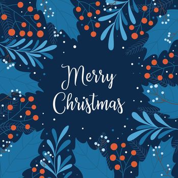 Merry Christmas Template for Christmas or New Year card with berries and holly leaves, branches and snowflakes. Vector illustration in flat style