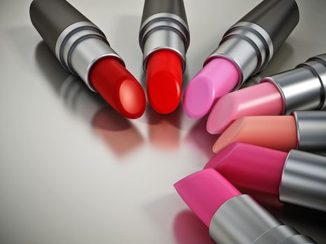 Various colored lipsticks arrangement. 3D illustration.