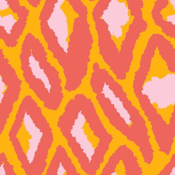 Hand drawn seamless pattern with geometric abstract shapes in red orange yellow colors. Mid century modern background for fabric print wallpaper wrapping paper. Contemporary trendy fluid design