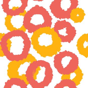 Hand drawn seamless pattern with circles round geometric abstract shapes in red orange yellow colors. Mid century modern background for fabric print wallpaper wrapping paper. Contemporary trendy fluid design