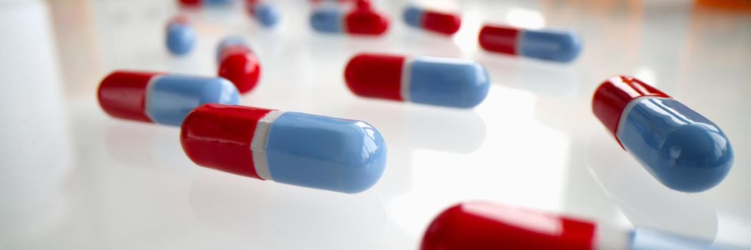 Medical drugs pills in red-blue packaging. Selection of analogues of drugs and preparations concept