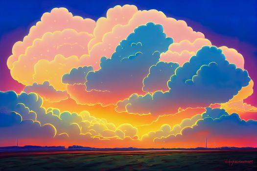 Cumulus sunset clouds with sun setting down. High quality illustration
