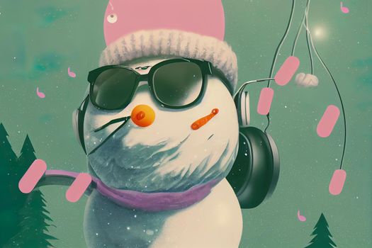animation with a cheerful snowman in pink glasses and wireless headphones swaying to music on a green background. favorite winter tunes. High quality illustration