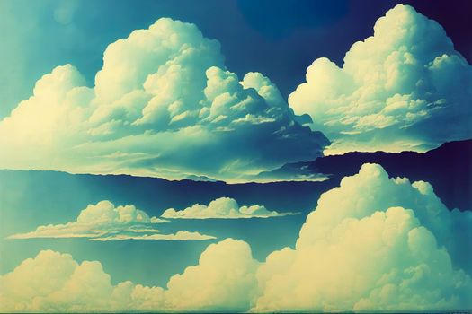 Sunny sky abstract background, beautiful cloudscape, on the heaven, view over white fluffy clouds, freedom concept. High quality illustration