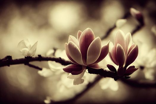 Magnolia blossom emotional dream. Vintage toned photo. Enchanted sad spring landscape. Selective focus and shallow depth of field.. High quality illustration