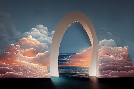 Natural beauty podium backdrop for product display with dreamy cloud and arch frame. 3d seascape Night scene.. High quality illustration
