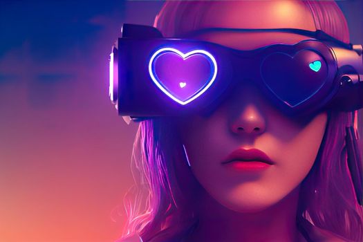 Cyberpunk valentine 3D illustration of beautiful science fiction female character wearing futuristic virtual reality glasses with heart shaped screen. High quality illustration