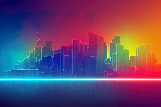 illustration urban architecture, cityscape with space and neon light effect. Modern hi tech, science, futuristic technology concept. Abstract digital high tech city design for banner background. High quality illustration