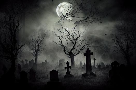 Halloween spooky background, scary pumpkis scene. Spooky graveyard in creepy forest in october dark night autumn gloomy creepy graves with fog and bats. Happy Halloween outdoor backdrop concept. High quality illustration