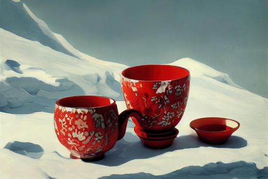 red ceramic cup with hot tea stands on the snow on a sunny day, the background is out of focus. High quality illustration