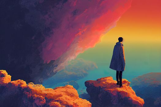 man standing on a rock in the world without gravity, digital art style, illustration painting. High quality illustration