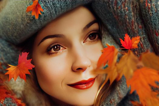 Happy young woman sitting on sofa at home and looking at camera. Portrait of comfortable woman in winter clothes relaxing on armchair. Portrait of beautiful girl smiling and relaxing during autumn.. High quality illustration