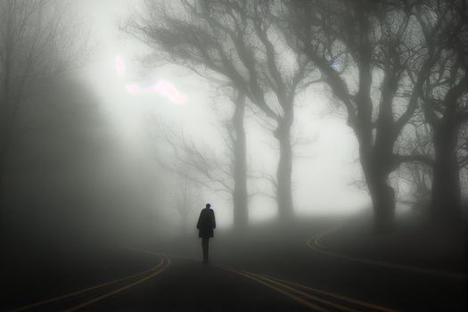 A person walk into the misty foggy road in a dramatic mystic scene with warm colors. Mysterious man walking in the mist. High quality illustration