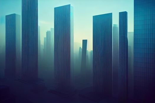 Futuristic skyscrapers in the flow. The flow of digital data. city of the future. 3D illustration. 3D rendering. High quality illustration