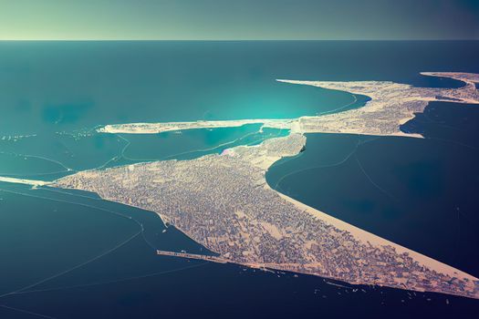 Future City on the coast.3d render. High quality illustration