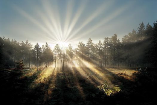 Beautiful morning scene in the forest with sun rays and long shadows. High quality illustration