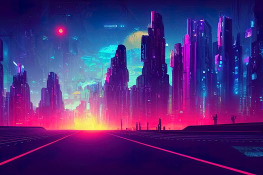 Futuristic night city. Cityscape on a colorful background with bright and glowing neon lights. Wide city front perspective view. Cyberpunk and retro wave style illustration.. High quality illustration