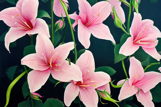 Flowers in the rose garden from a fairy tale, pink lilies of the valley. High quality illustration