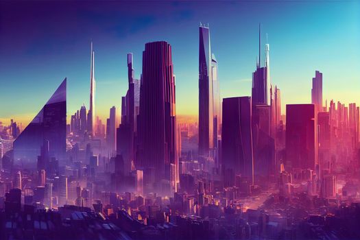 Future city skyline panorama 3D scene. Futuristic cityscape creative concept illustration skyscrapers, towers, tall buildings, flying vehicles. Panoramic urban view of metropolis town, sky background. High quality illustration