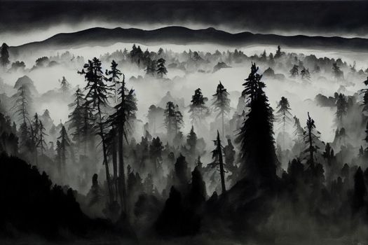 Beautiful mystical landscape. Fog in the forest, dark color. Mist among woods. High quality illustration