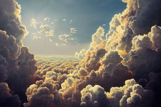 The sky is large, bright, beautiful and has white clouds.. High quality illustration