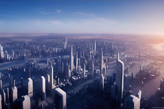 Futuristic city, town. The concept of the future. Aerial view. 3d rendering.. High quality illustration