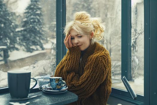 Happy blond woman with bunch hairstyle warming and cover knitted plaid enjoying in her coffee time by the window in cold winter day. Peace of mind and mental health.. High quality illustration