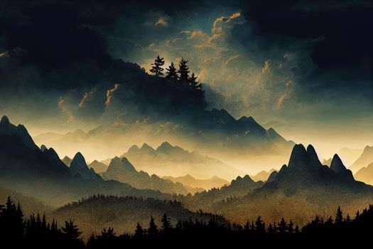 Dark landscape with mountains, sky and woods. Forest silhouette template . Panorama background. High quality illustration