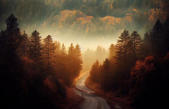 Forest Road Under Sunset Sunbeams. Lane Running Through The Autumn Deciduous Forest At Dawn Or Sunrise. Toned Instant Photo. High quality illustration